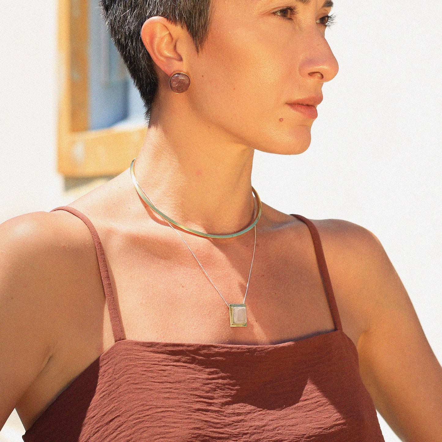 Colar Pingente Retangular Quartzo Rosa