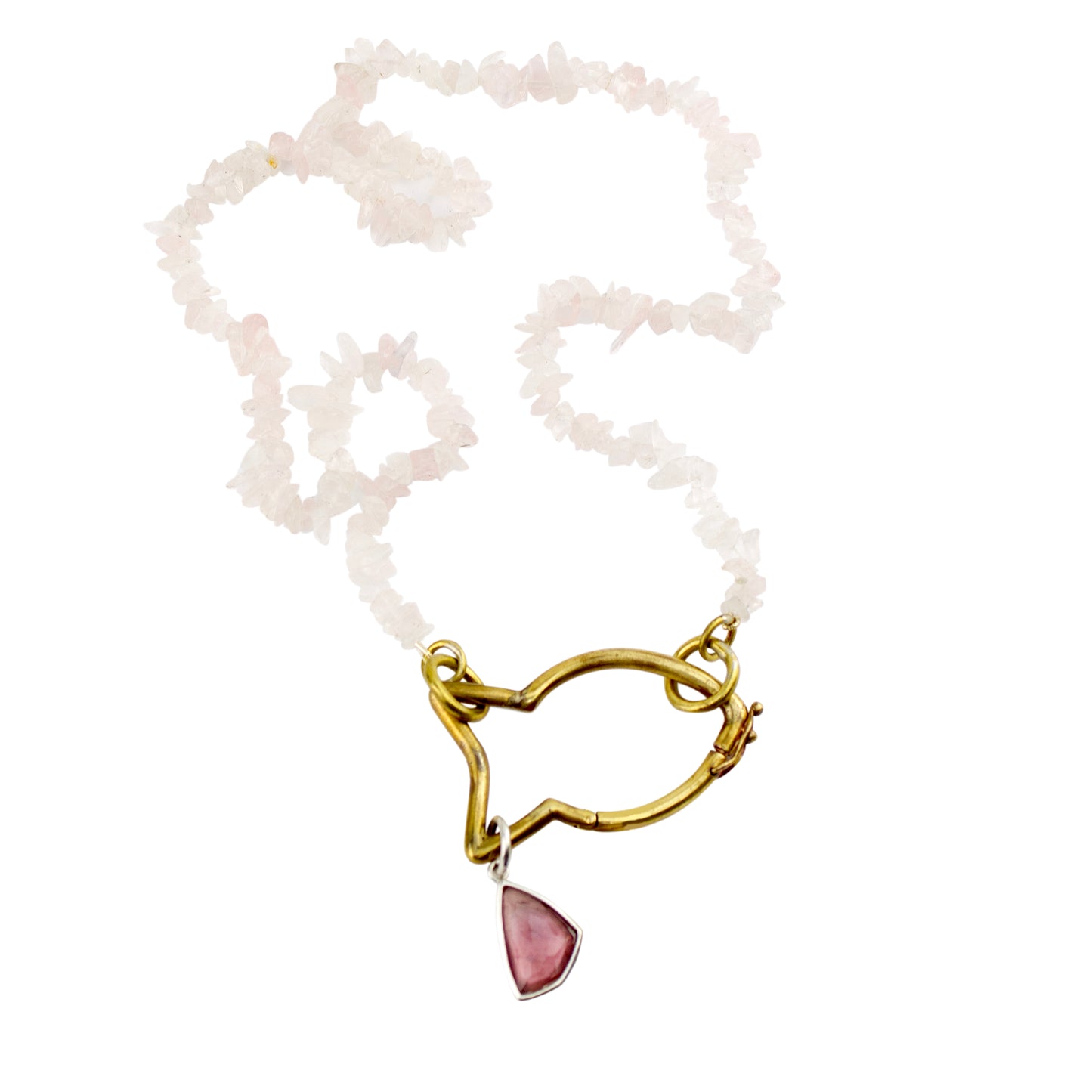 Colar Mosquetão Peixe e Quartzo Rosa e Pingente Turmalina Rosa