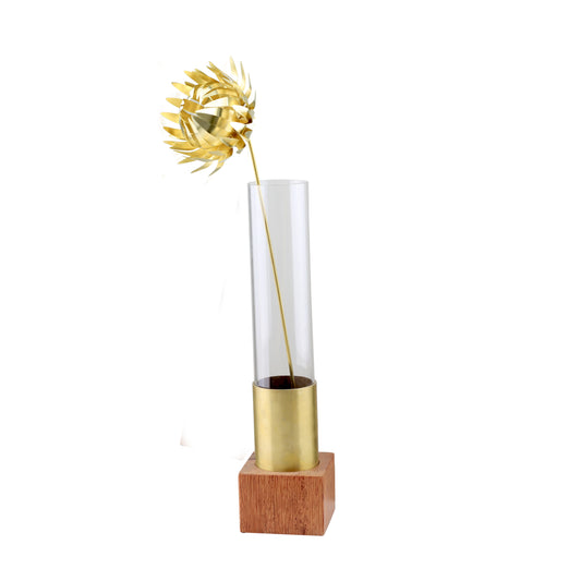 Vaso base quadrada de madeira com latão e vidro G