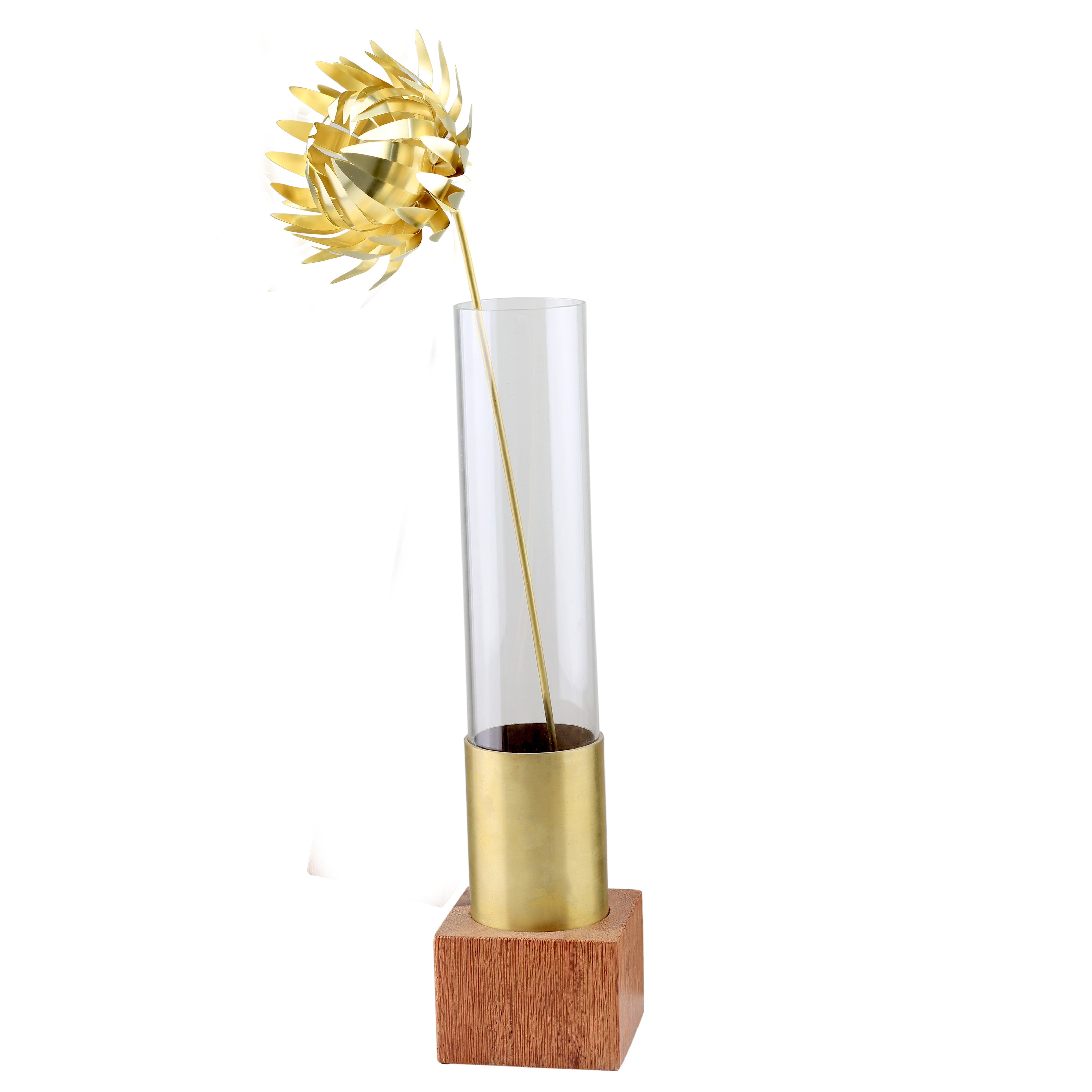 Vaso base quadrada de madeira com latão e vidro G