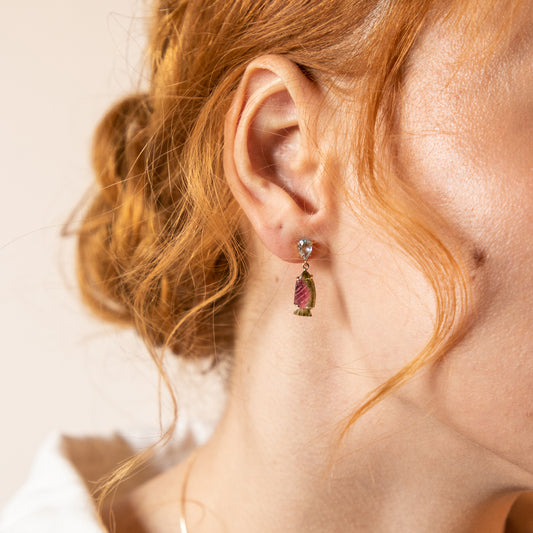 Brinco peixes de turmalina e gotas de topázio azul