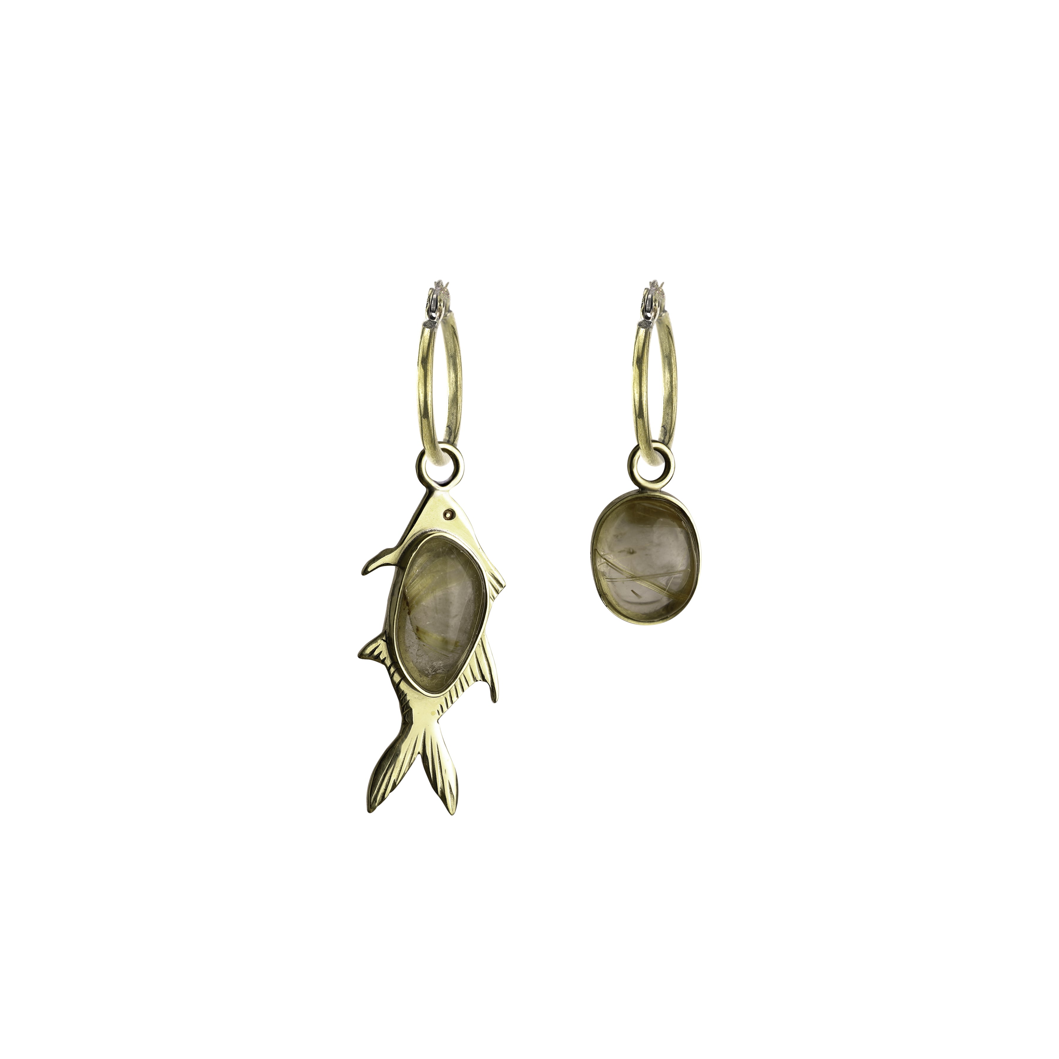 Brinco Argola Peixe Xaréu Quartzo Rutilado