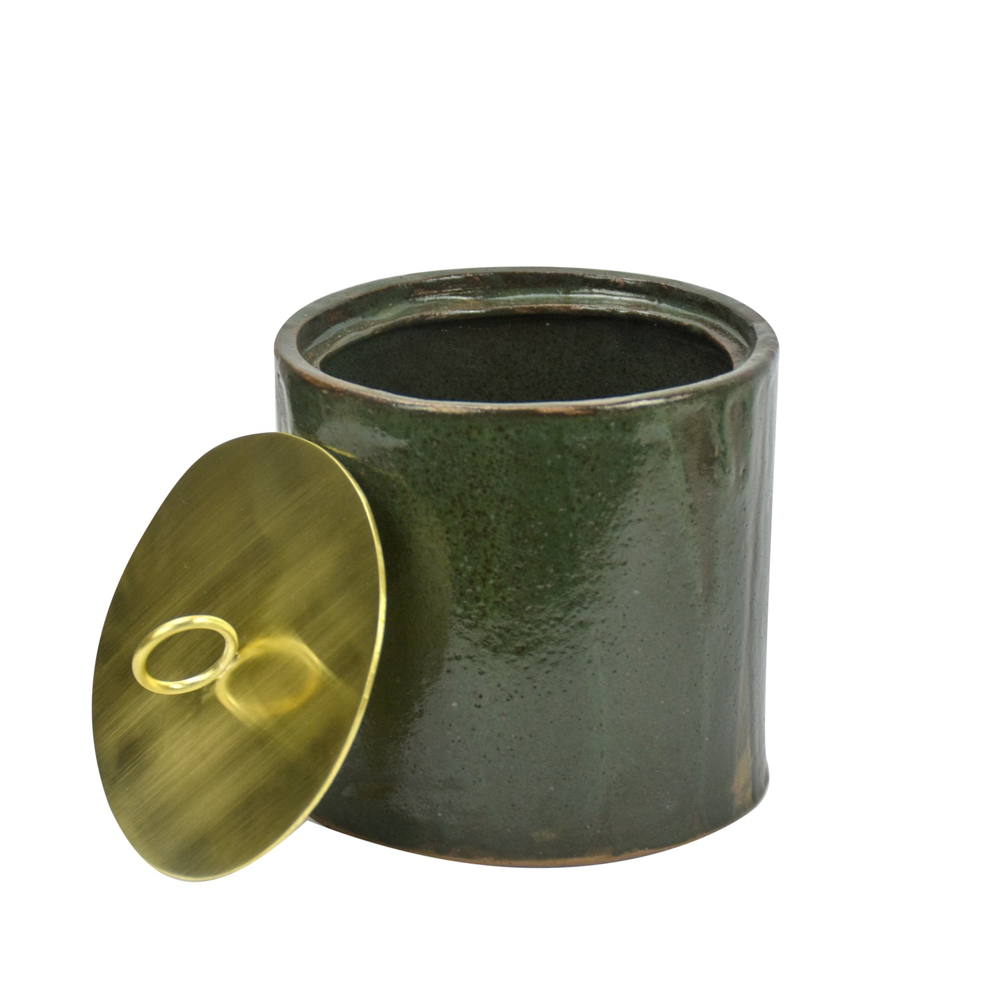 Pote de cerâmica verde com tampa de latão